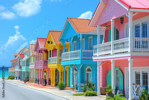 A row of colorful houses by the sea