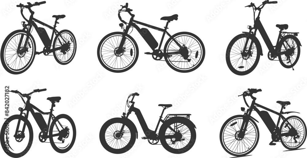 Electric bicycle silhouette, E-bike silhouettes, Electric bike svg, E-bike svg, Electric bicycle svg, Electric bike vector set. Electric bicycle silhouette, E-bike silhouettes, Electric bike svg, E-bike svg, Electric bicycle svg, Electric bike vector set.