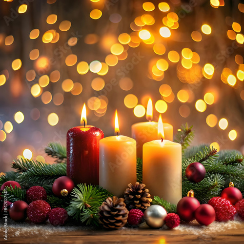 Christmas candles with bokeh background. Christmas Ligths and Candles