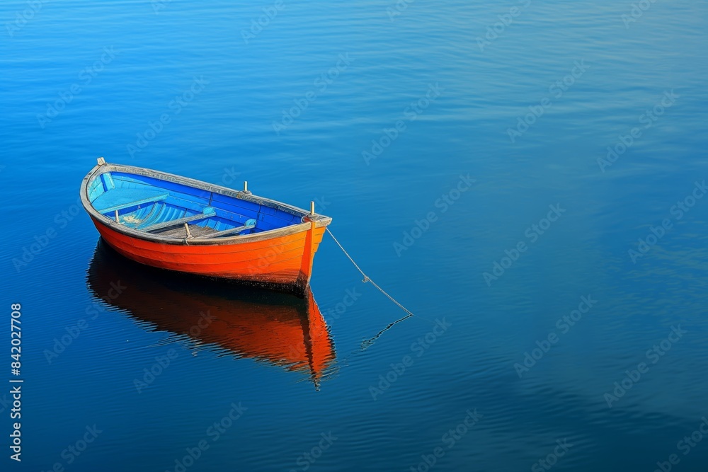 A serene scene with an orange boat gently floating on the tranquil blue waters, reflecting the calmness of nature A serene scene with an orange boat gently floating on the tranquil blue waters, reflecting the calmness of nature