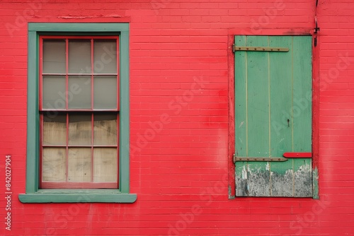 A vibrant red exterior wall of a building featuring a green window frame and a closed green door
