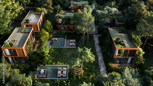 a modern. eco-friendly hotel in a green area with 4 modern detached apartment-style villas. top view 