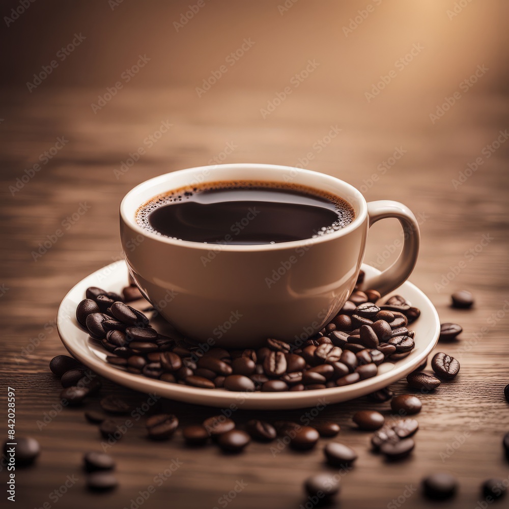 Fototapeta premium A cup of coffee with beans. AI is created