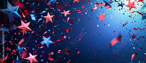 Celebration holiday with vibrant American stars confetti, sparkling blue and red illustration, © Sajida