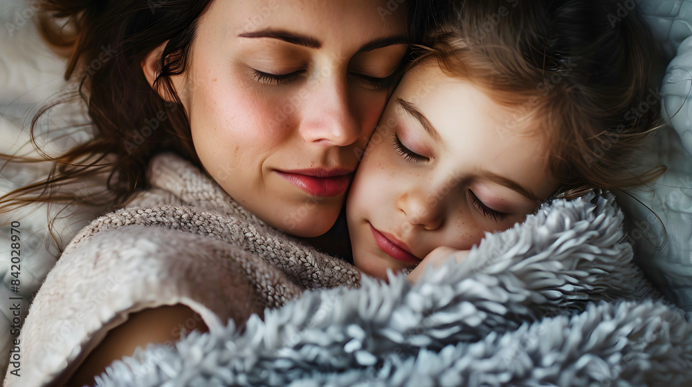 A mother and daughter snuggled up together. wrapped in soft blankets with their eyes closed A mother and daughter snuggled up together. wrapped in soft blankets with their eyes closed
