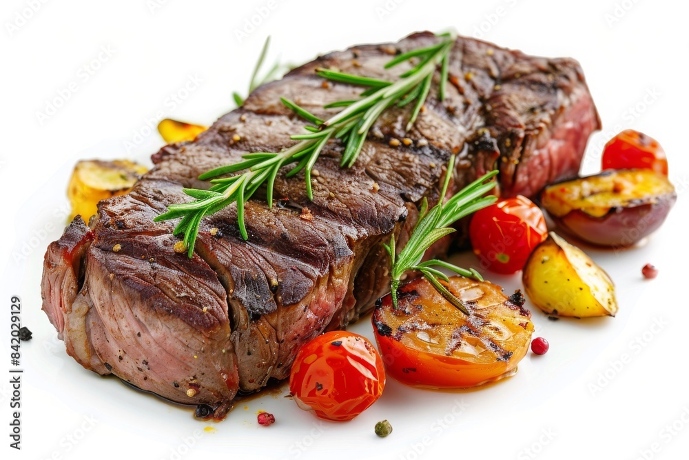roasted beef steak with vegetables isolated on white background, photography roasted beef steak with vegetables isolated on white background, photography