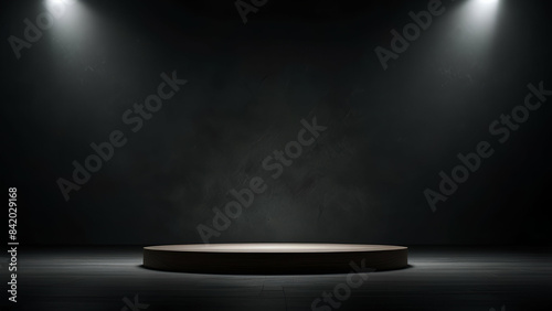  Podium set against a dark backdrop with thunder, providing a dramatic atmosphere, ideal for showcasing products with a clean, dark background.