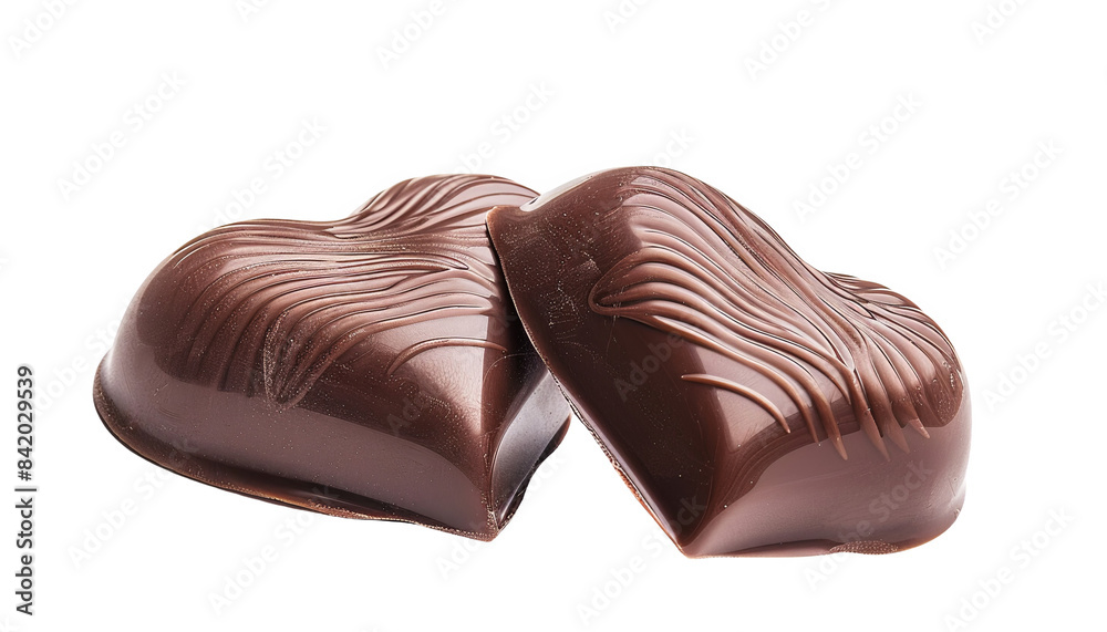 Two heart-shaped dark chocolates isolated on a white background, displaying intricate surface details and rich, glossy finish. Two heart-shaped dark chocolates isolated on a white background, displaying intricate surface details and rich, glossy finish.