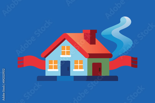 a small house with a red roof, yellow walls. It is wrapped in a scarf with white stripes, which may symbolize coziness, energy conservation or insulation to keep warm during the cold season.