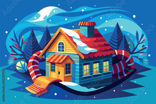 a small house with a red roof, yellow walls. It is wrapped in a scarf with white stripes, which may symbolize coziness, energy conservation or insulation to keep warm during the cold season.