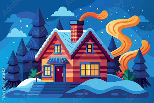 a small house with a red roof, yellow walls. It is wrapped in a scarf with white stripes, which may symbolize coziness, energy conservation or insulation to keep warm during the cold season.