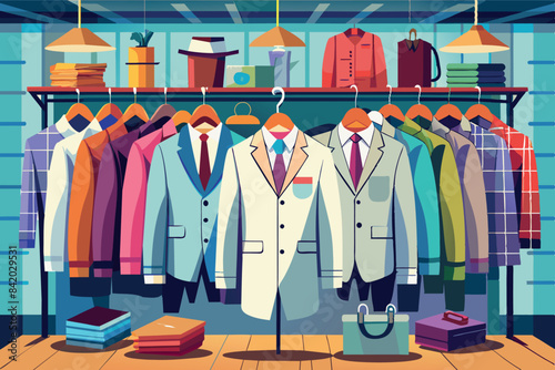 variety of men's fashion in a clothing store. It shows several rows of shelves on which shirts of different colors are neatly stacked. Underneath the shelves is a rack with several suits of clothing.