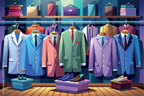 variety of men's fashion in a clothing store. It shows several rows of shelves on which shirts of different colors are neatly stacked. Underneath the shelves is a rack with several suits of clothing.