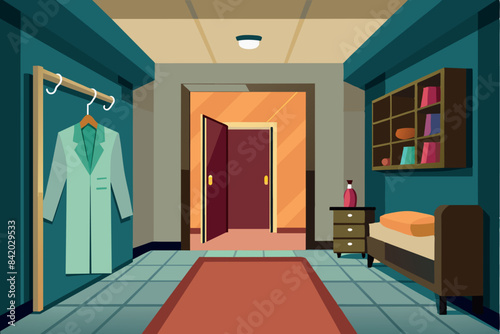 A corridor in a house or apartment. there is a coat rack. A red carpet runs down the center of the floor and the walls are decorated with wood paneling below.