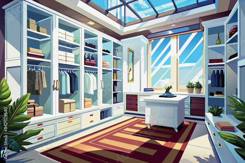 A dressing room with good organization. It has white cabinets with various compartments for clothes and accessories, a central island with drawers and a large window through which you can observe the 