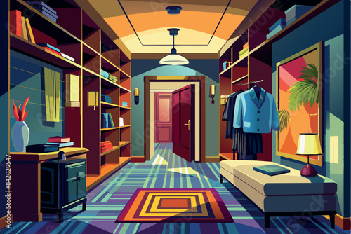 A corridor in a house or apartment. there is a coat rack. A red carpet runs down the center of the floor and the walls are decorated with wood paneling below.