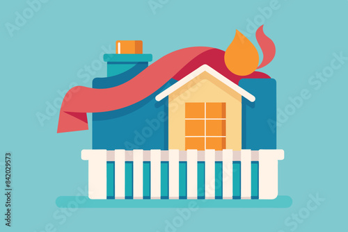 a small house with a red roof, yellow walls. It is wrapped in a scarf with white stripes, which may symbolize coziness, energy conservation or insulation to keep warm during the cold season.