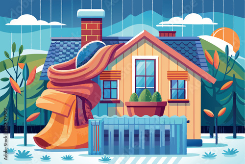 a small house with a red roof, yellow walls. It is wrapped in a scarf with white stripes, which may symbolize coziness, energy conservation or insulation to keep warm during the cold season.