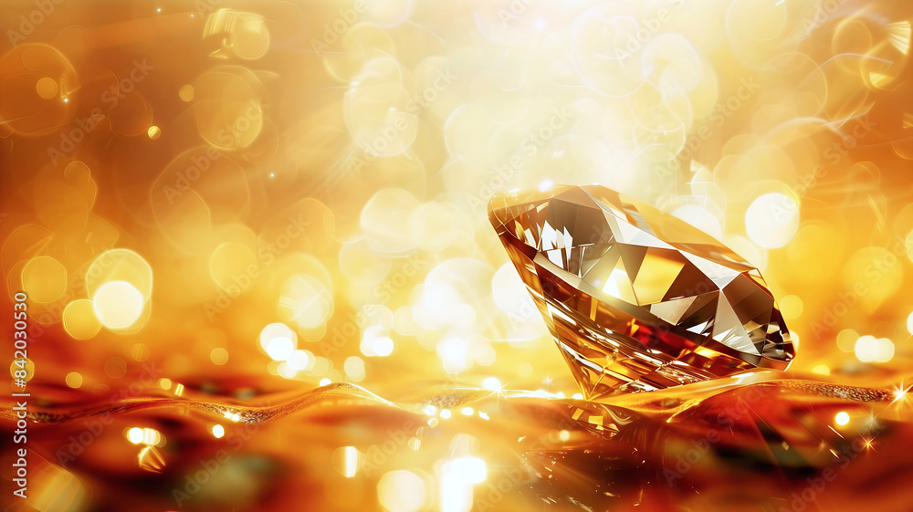 Diamond closeup isolated on golden bokeh background, luxury template, copy space area