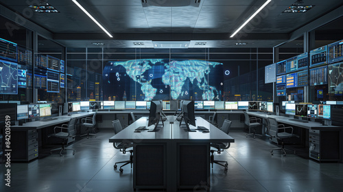 Empty interior of big modern security system control room, workstation with multiple displays, monitoring room with at security data center Empty office, desk, and chairs, Generative AI  photo