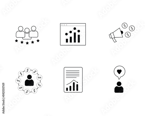 Business and marketing icons designed, graphic and dollar signs included. 