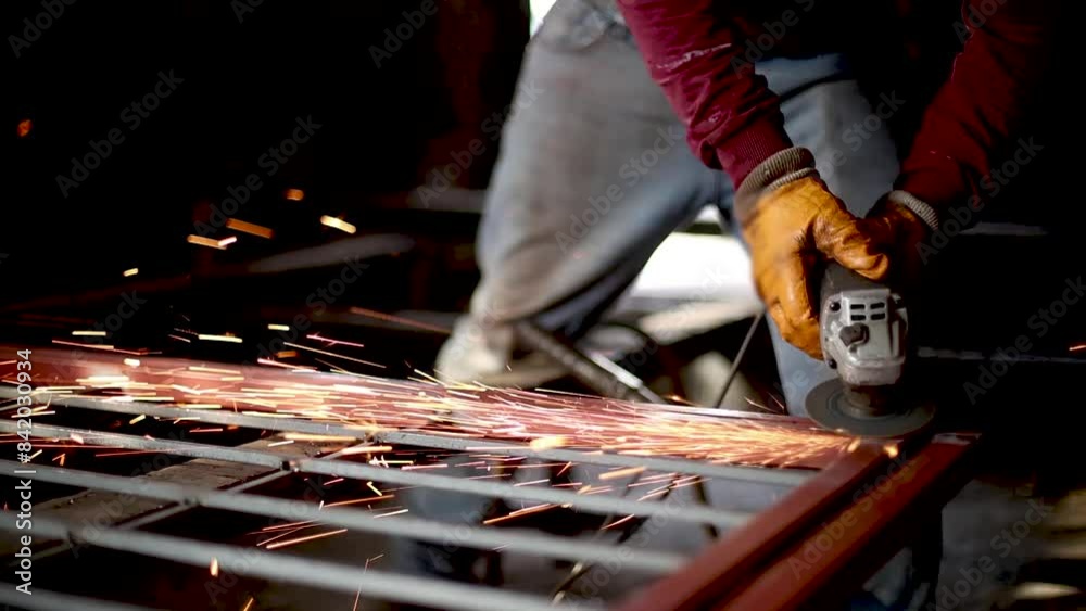 Industrial professional worker grinding metal. Sparks fly from hot metal. Slow motion.
Craftsman use saw cutting machine to cut metal detail. Man with circular saw sawing steel in garage or workshop. 
