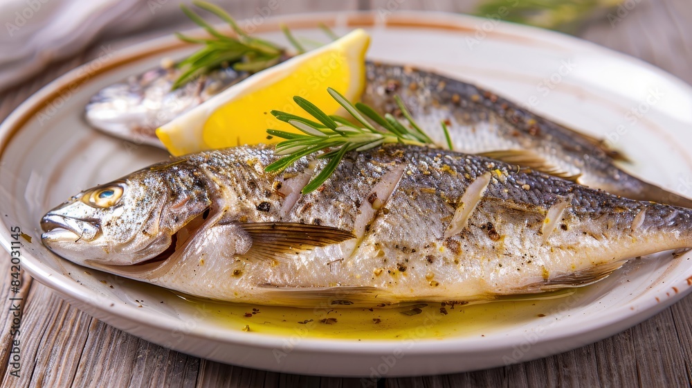 Delicious grilled fish garnished with fresh rosemary and lemon slices served on a platter, perfect for a healthy meal. Delicious grilled fish garnished with fresh rosemary and lemon slices served on a platter, perfect for a healthy meal.