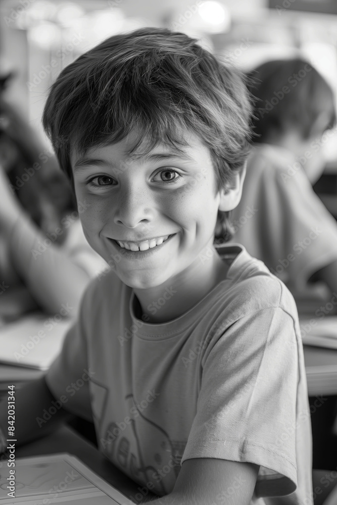 Portrait of a boy in a lesson at school, looking at the camera, concept of universal education, black and white shot Portrait of a boy in a lesson at school, looking at the camera, concept of universal education, black and white shot