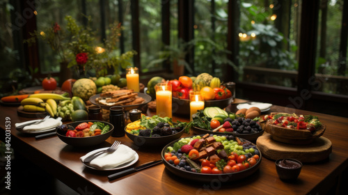 Elegant dining table set with a variety of fresh fruits, vegetables, and salads, surrounded by warm candlelight and greenery. © weerasak