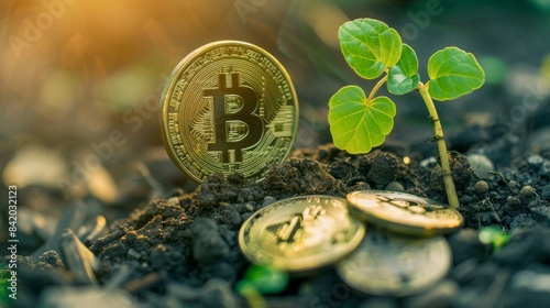 Growing bitcoin. The concept of cryptocurrency and blockchain technology. photo