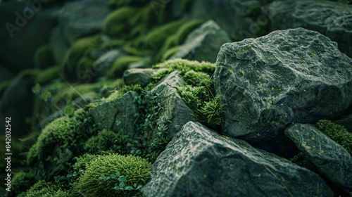 Close-Up of Mossy Rocks in Nature, Natural Texture and Background