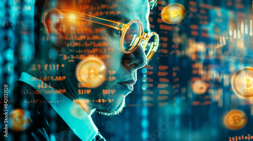 Portrait of a young businessman wearing glasses with a double exposure effect of binary code and circuit board.