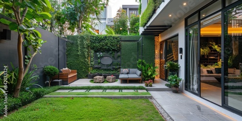 Modern small garden design with a green wall, lawn and seating area