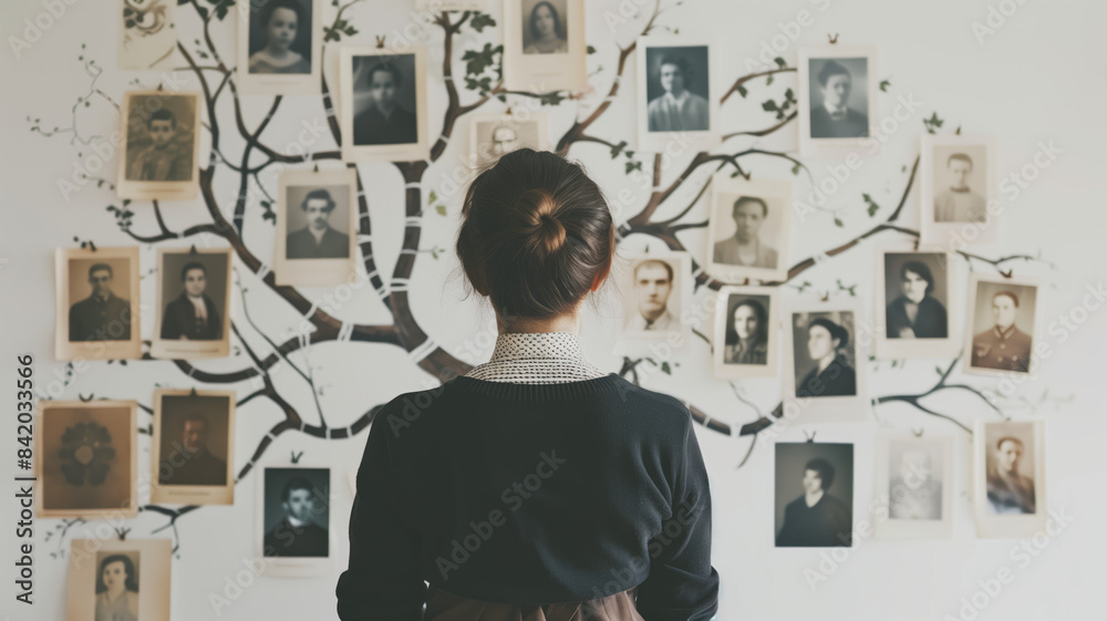 Family tree concept, dna, genes, ancestors. A woman hangs old photographs of her family on the wall. AI generated Family tree concept, dna, genes, ancestors. A woman hangs old photographs of her family on the wall. AI generated