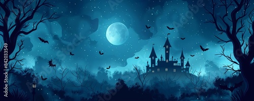 halloween night with moon and castle, vector illustration in simple flat style with blue color palette, dark background, patterned paper texture