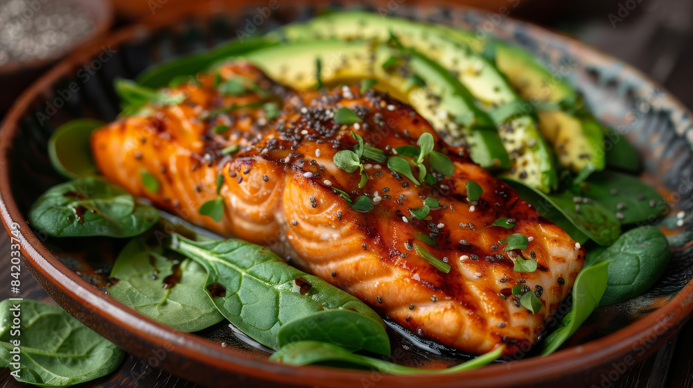 Delicious grilled salmon fillet with a side of avocado and fresh spinach on a ceramic plate, garnished with herbs and sesame seeds.
