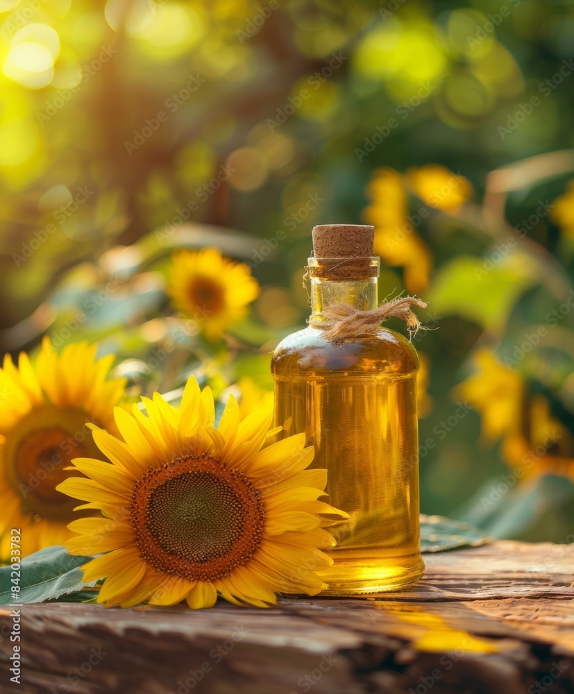 Sunflower oil on a wooden table among sunflower Sunflower oil on a wooden table among sunflower