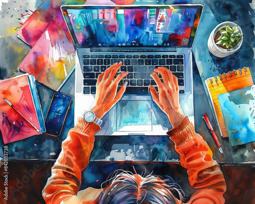 Vibrant watercolor painting, birds-eye view of a person simultaneously texting on a smartphone and typing on a sleek laptop, surrounded by colorful notes and pens, lively ambiance.