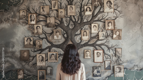 Family tree concept, dna, genes, ancestors. A woman hangs old photographs of her family on the wall. AI generated