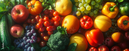 A colorful assortment of fresh fruits and vegetables  including apples  grapes  tomatoes  bell peppers  and broccoli in vibrant sunlight.