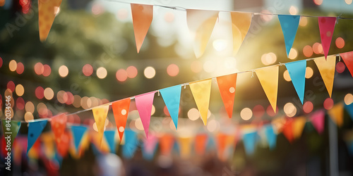 blurred colorful triangular flags backgrounds for summer outdoor event party, vintage tone, celebration background, happy summer time, copy space.
