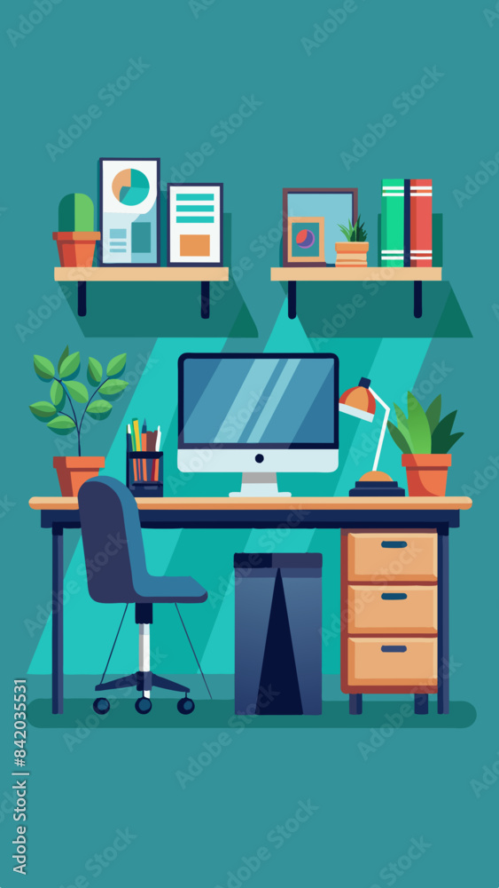 Office desk with dual monitors and a tidy workspace vector Office desk with dual monitors and a tidy workspace vector