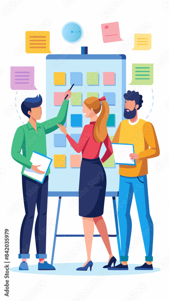 Colleagues brainstorming with sticky notes on a whiteboard vector Colleagues brainstorming with sticky notes on a whiteboard vector
