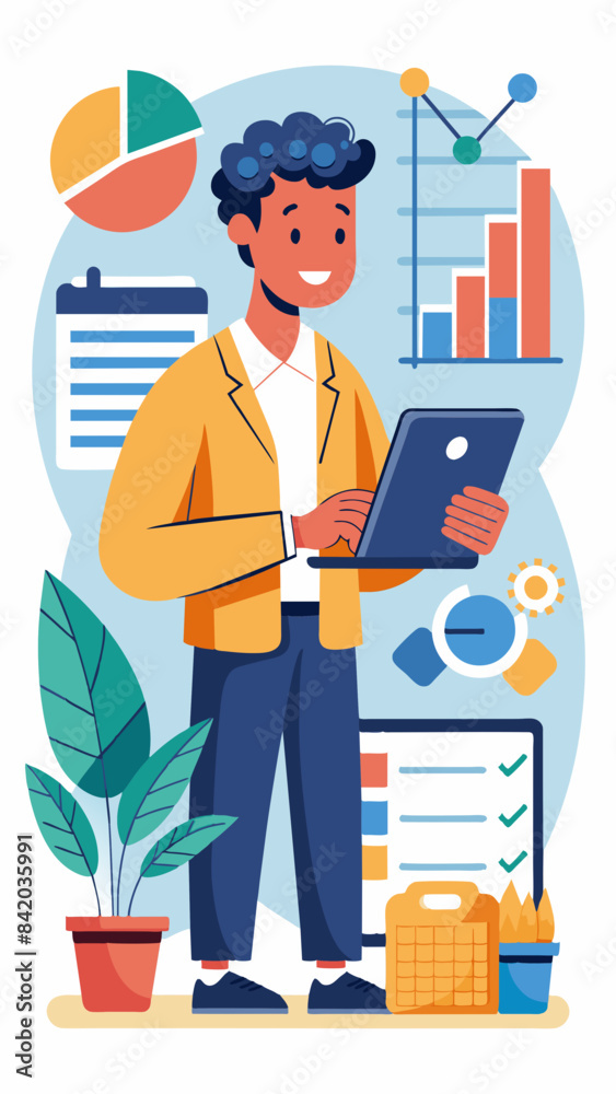 Employee reviewing financial reports and charts vector Employee reviewing financial reports and charts vector
