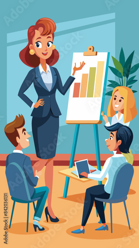 Businesswoman leading a workshop with a flip chart vector