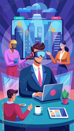 Businessperson using a VR headset for a virtual meeting vector