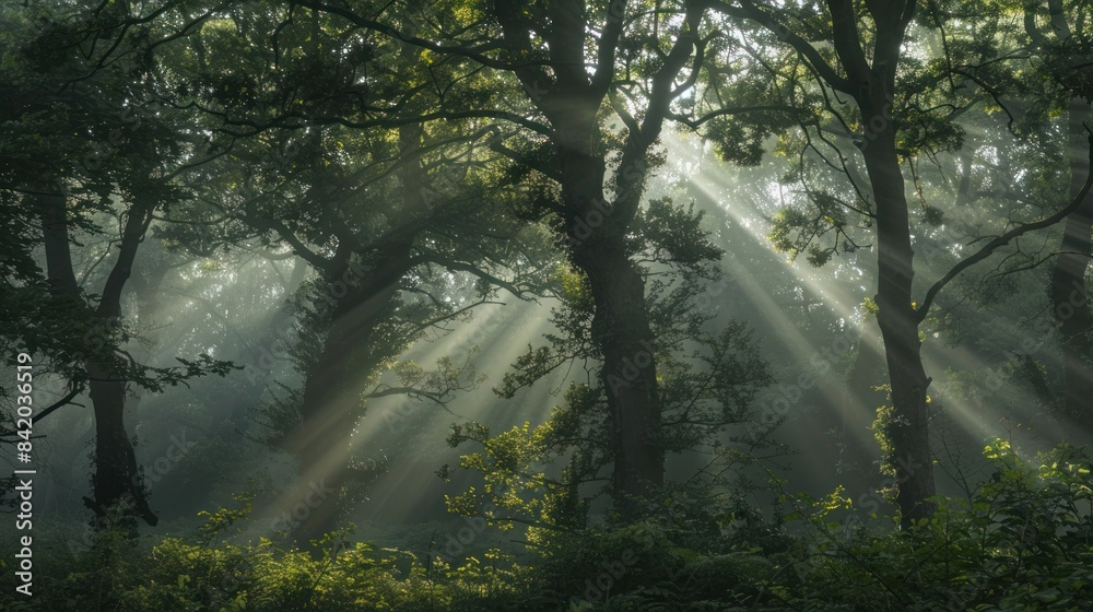 Sunlight beams through the trees in a lush green forest. Peaceful nature scene with rays of light filtering through the dense canopy. Sunlight beams through the trees in a lush green forest. Peaceful nature scene with rays of light filtering through the dense canopy.