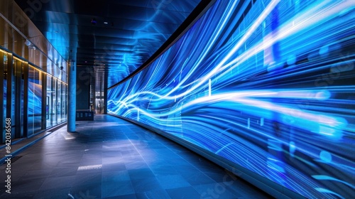 Futuristic hallway with glowing blue light trails illustrating advanced technology and digital pathways