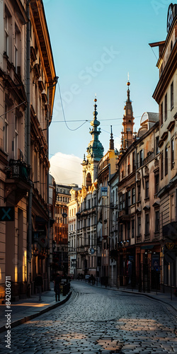 Rua histórica europeia com estradas de paralelepípedos photo