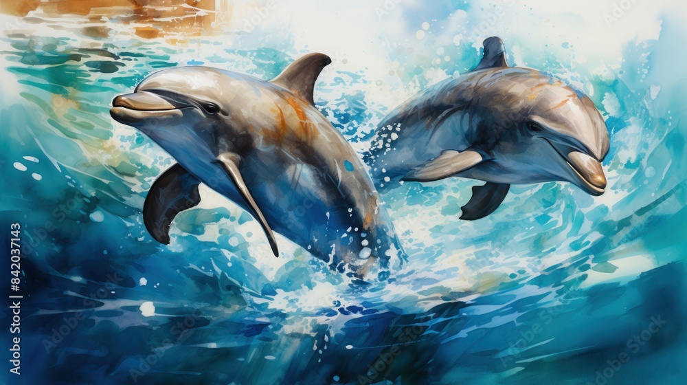Obraz premium Two playful dolphins swimming together in vibrant ocean waters, creating splashes and waves, depicted through colorful artwork.
